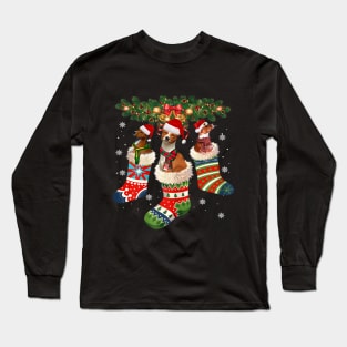 Three Basenji In Sock Christmas Santa Hat X Mas Dog Lover Long Sleeve T-Shirt